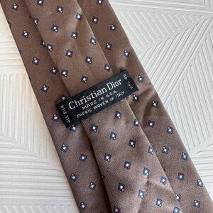 Christian Dior Vintage Silk Tie Brown Geometric Print Made in USA Italy Fabric